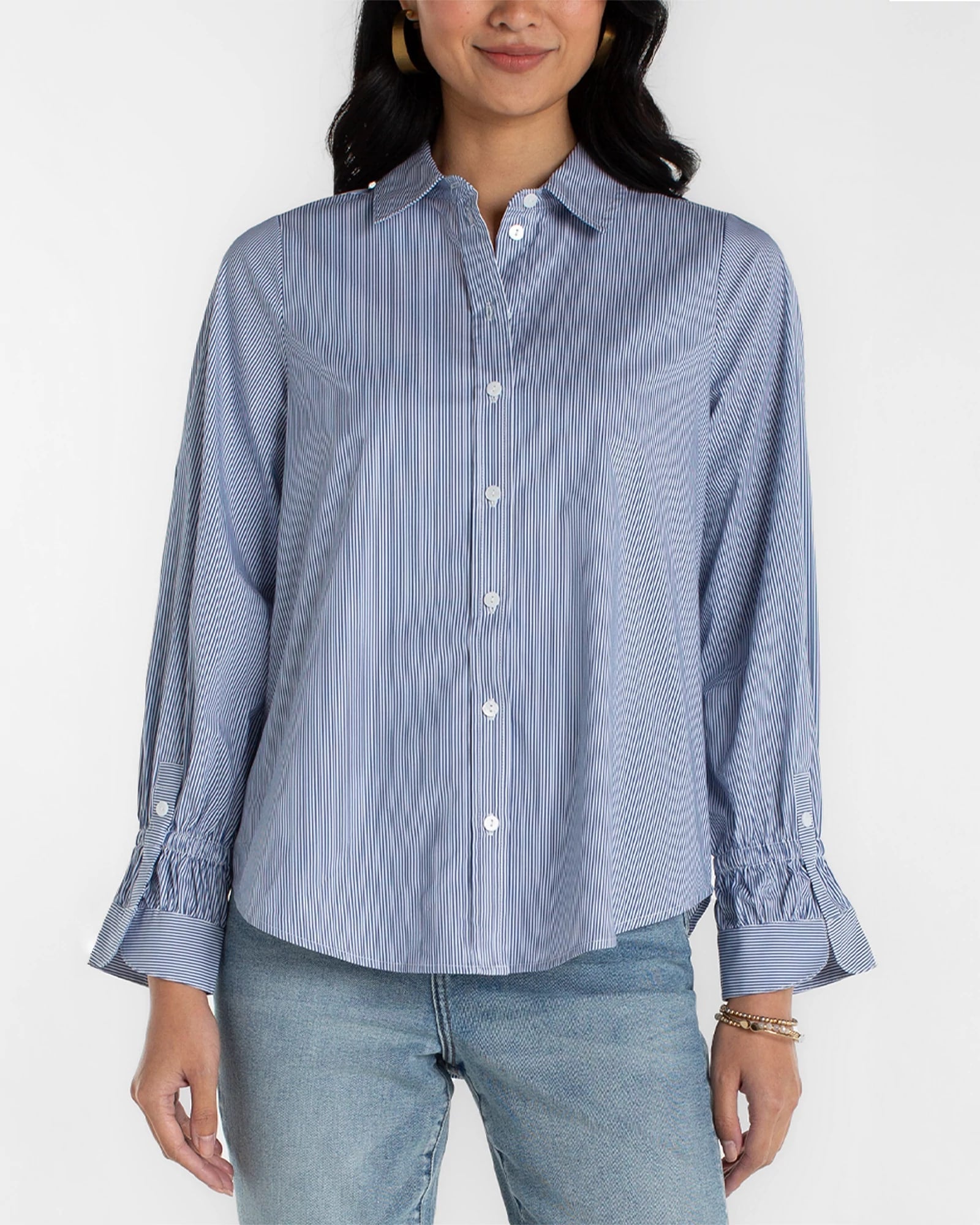 Blue/White Mini Stripe $|& Liverpool Adjustable Sleeve Button Front Woven Top - VOF Detail