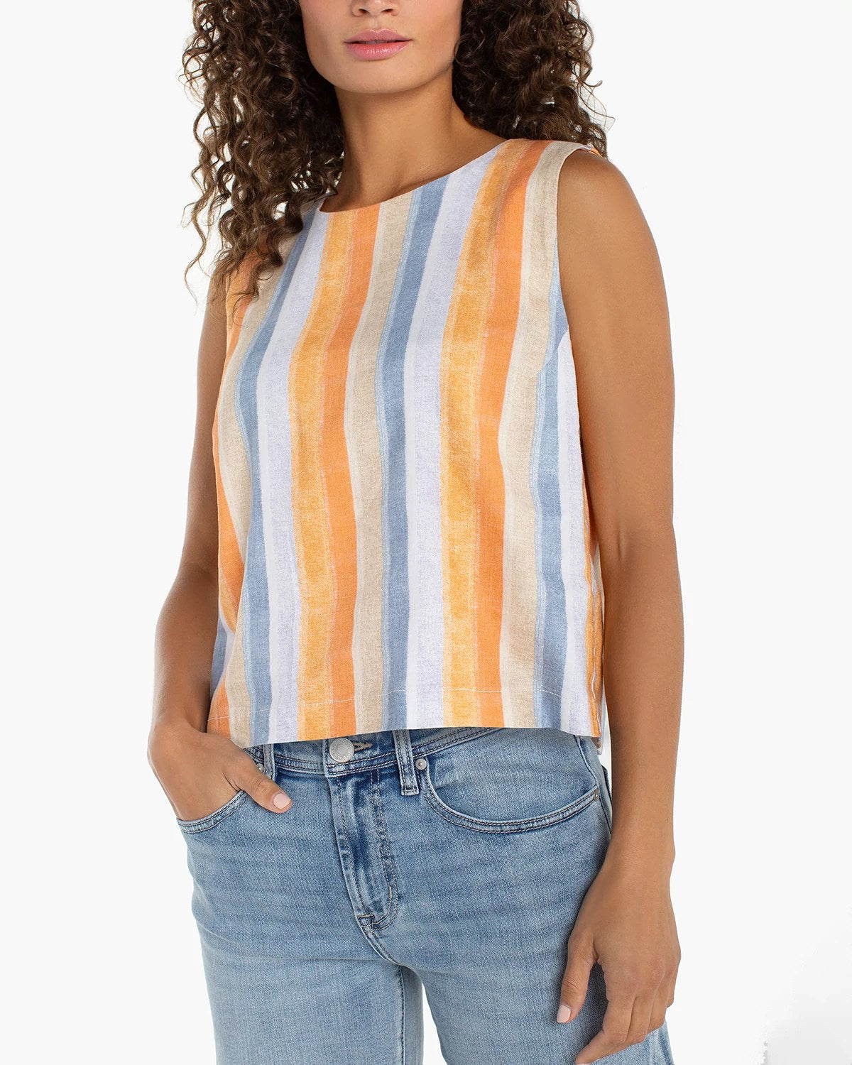 Orange/Blue Stripe $|& Liverpool Sleeveless Shell Top with Button Back - VOF Detail