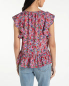 Pink Multi Floral $|& Liverpool Flutter Sleeve Peplum Top - Hanger Side