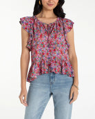 Pink Multi Floral $|& Liverpool Flutter Sleeve Peplum Top - VOF Detail