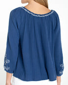 Liberty Blue $|& Liverpool Embroidered 3/4 Sleeve Woven Top - Hanger Side