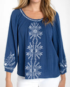 Liberty Blue $|& Liverpool Embroidered 3/4 Sleeve Woven Top - VOF Detail