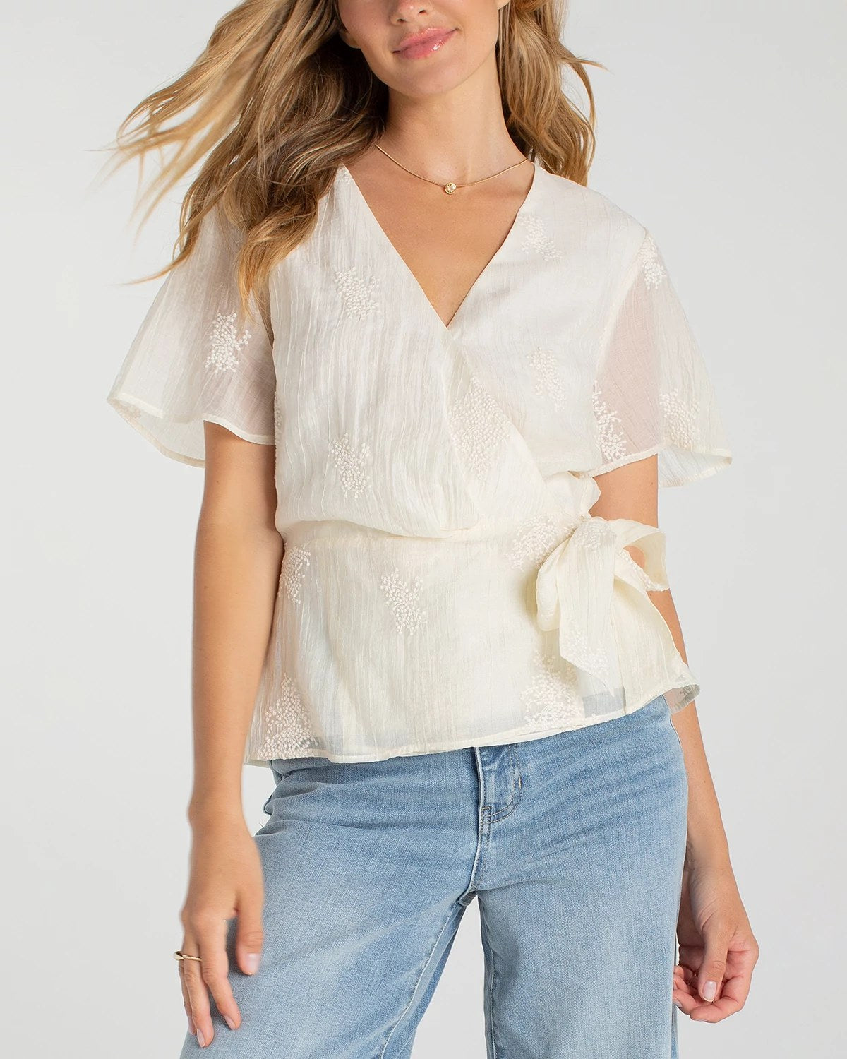 Cream $|& Liverpool Short Sleeve Wrap Front Woven Top - VOF Detail