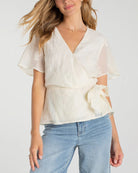 Cream $|& Liverpool Short Sleeve Wrap Front Woven Top - VOF Detail
