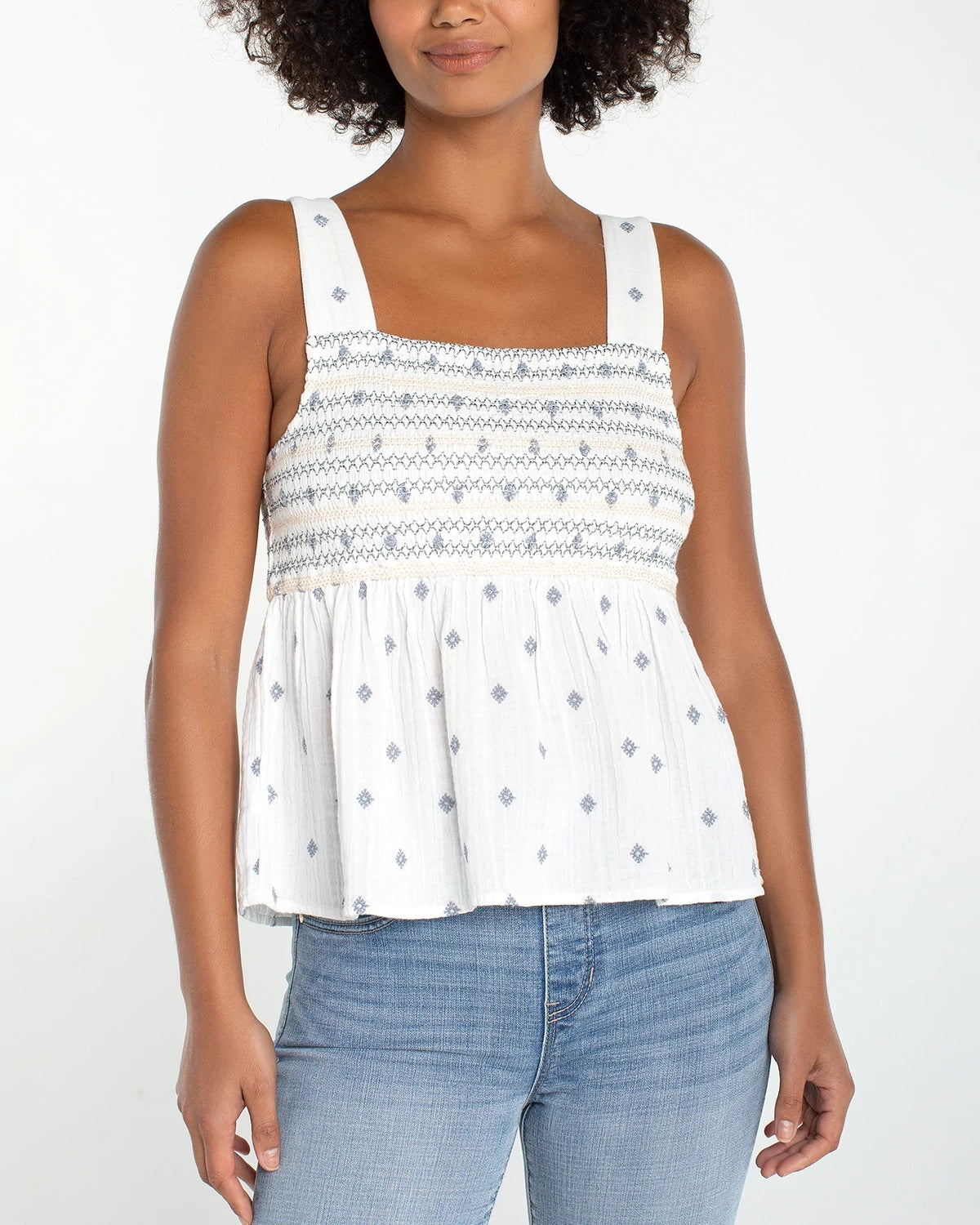 Off White $|& Liverpool Embroidered Smocked Woven Top - VOF Detail