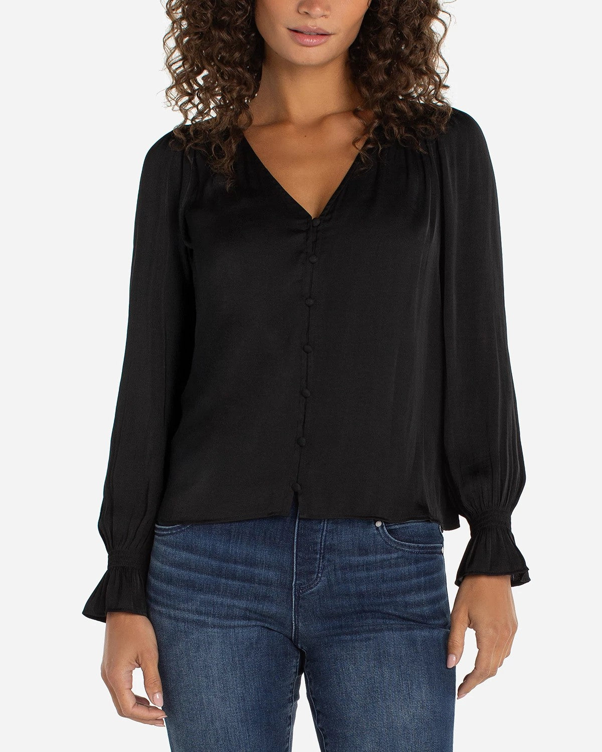 Black $|& Liverpool Long Sleeve Button Front Woven Top - VOF Detail