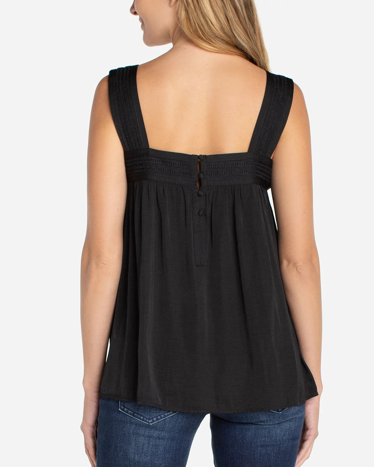 Black $|& Liverpool Sleeveless Woven Top with Pintucks Straps - Hanger Side