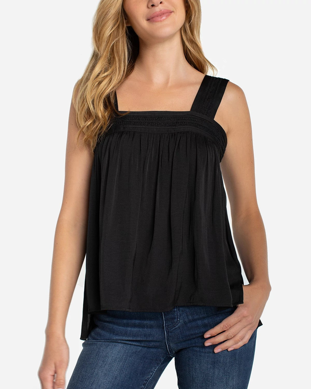 Black $|& Liverpool Sleeveless Woven Top with Pintucks Straps - VOF Detail