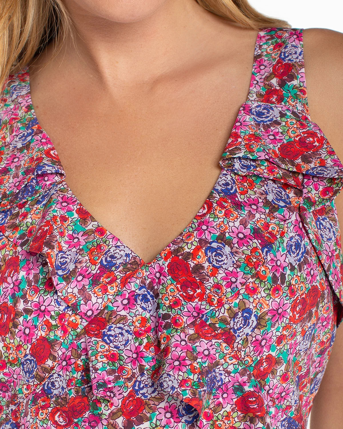 Pink Multi Floral $|& Liverpool Sleeveless Ruffle Front Woven Maxi Dress - Hanger Back