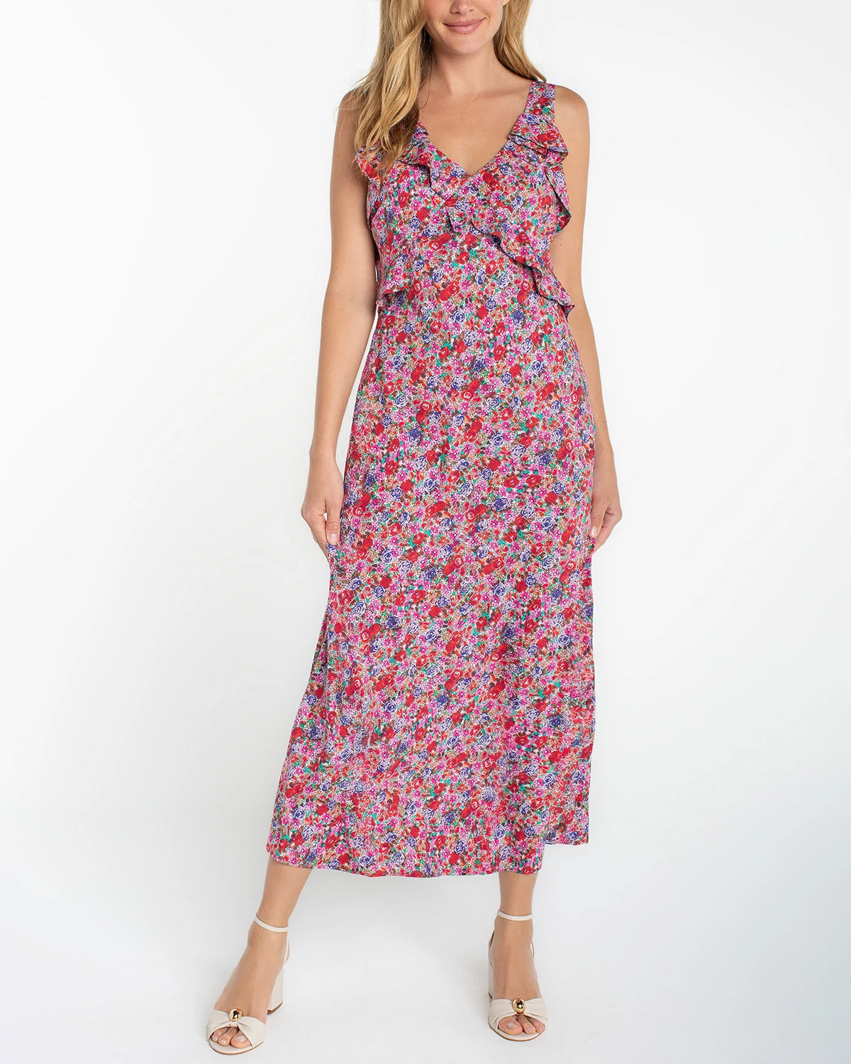 Pink Multi Floral $|& Liverpool Sleeveless Ruffle Front Woven Maxi Dress - VOF Detail