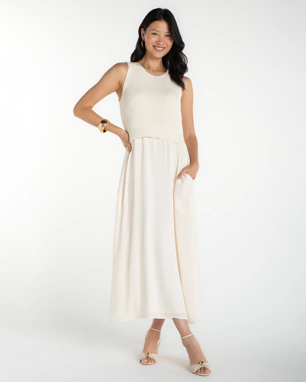 Cream $|& Liverpool Sleeveless Crew Neck Tie Back Sweater Dress - VOF Detail