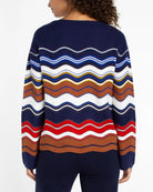 Navy/Brown/Multi Wavy Stripe $|& Liverpool Boat Neck Scallop Hem Sweater - Hanger Side