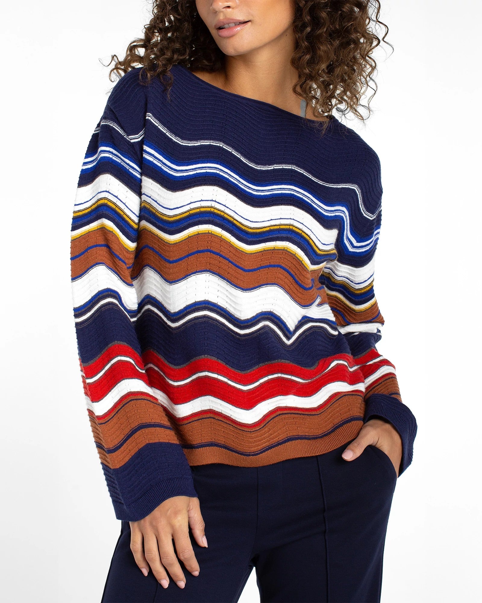 Navy/Brown/Multi Wavy Stripe $|& Liverpool Boat Neck Scallop Hem Sweater - VOF Detail