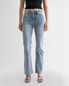 French Blue $|& Mica Denim High Rise Bootcut Jeans with Raw Hem - VOF Detail