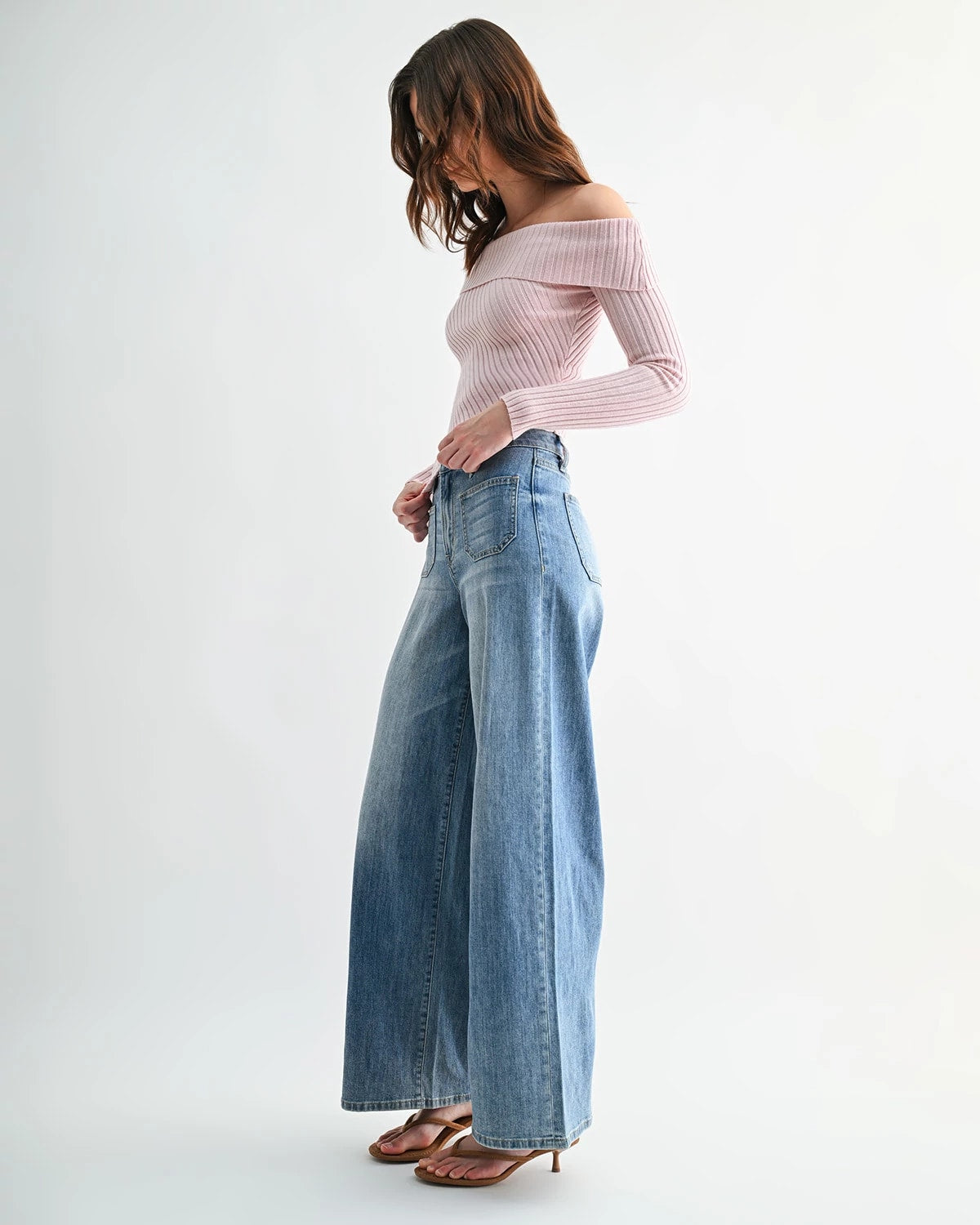 Link Blue $|& Mica Denim High Rise Wide Leg Jean with Patch Pockets - Hanger Front