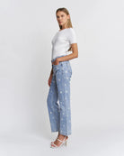 Mid Blue $|& Mica Denim High Rise Embroidered Straight Leg Jean - Hanger Front