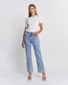Mid Blue $|& Mica Denim High Rise Embroidered Straight Leg Jean - VOF Detail