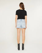 Light Blue Ivy $|& Mica Denim High Rise Shorts with Frayed Hem - Hanger Side