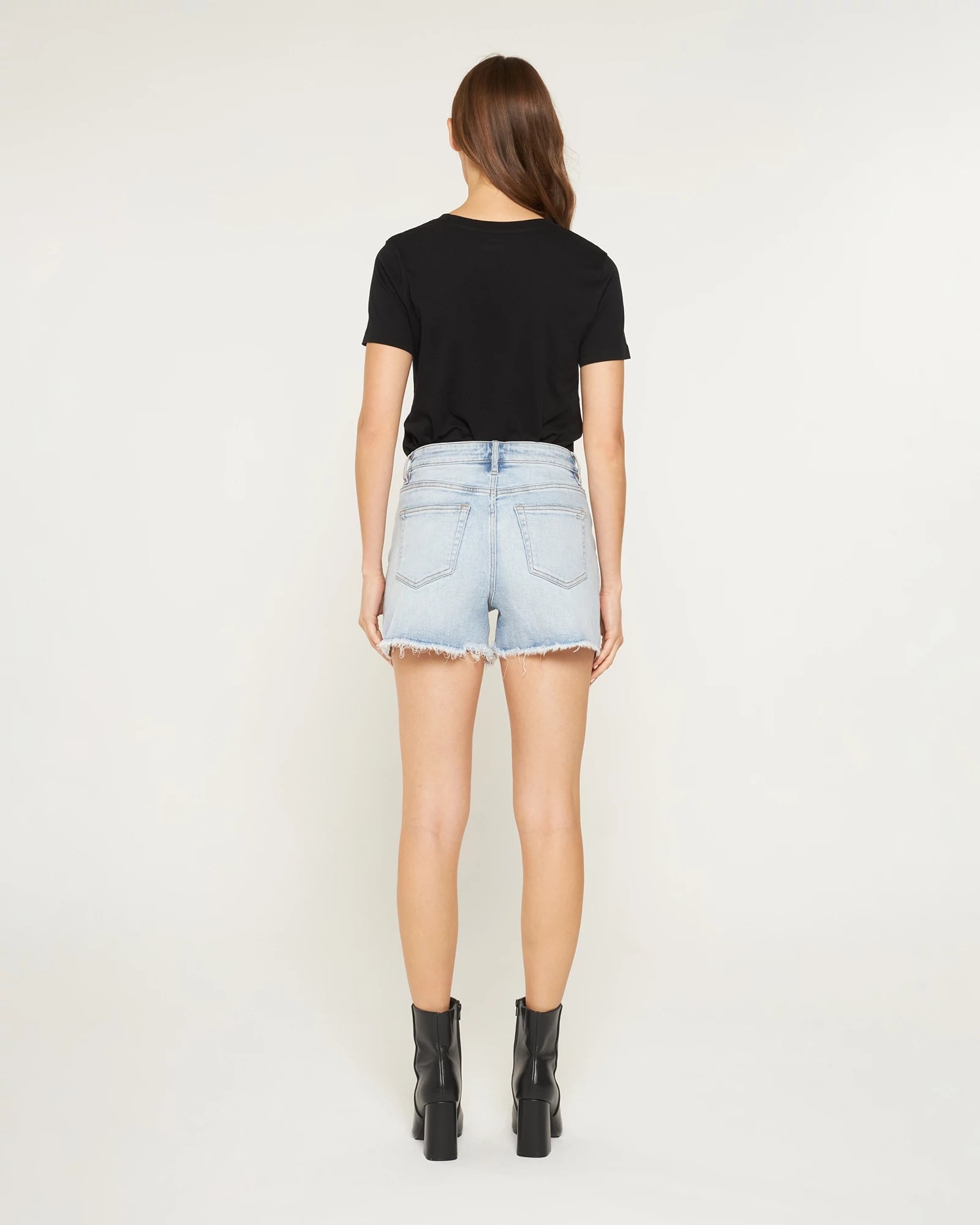 Light Blue Ivy $|& Mica Denim High Rise Shorts with Frayed Hem - Hanger Side