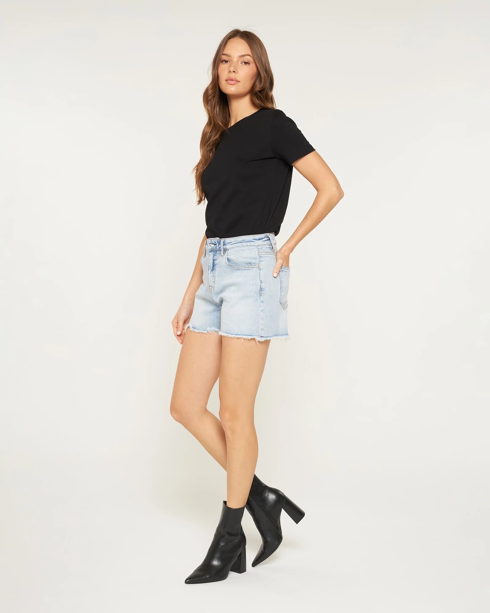 Light Blue Ivy $|& Mica Denim High Rise Shorts with Frayed Hem - Hanger Front