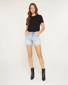 Light Blue Ivy $|& Mica Denim High Rise Shorts with Frayed Hem - VOF Detail