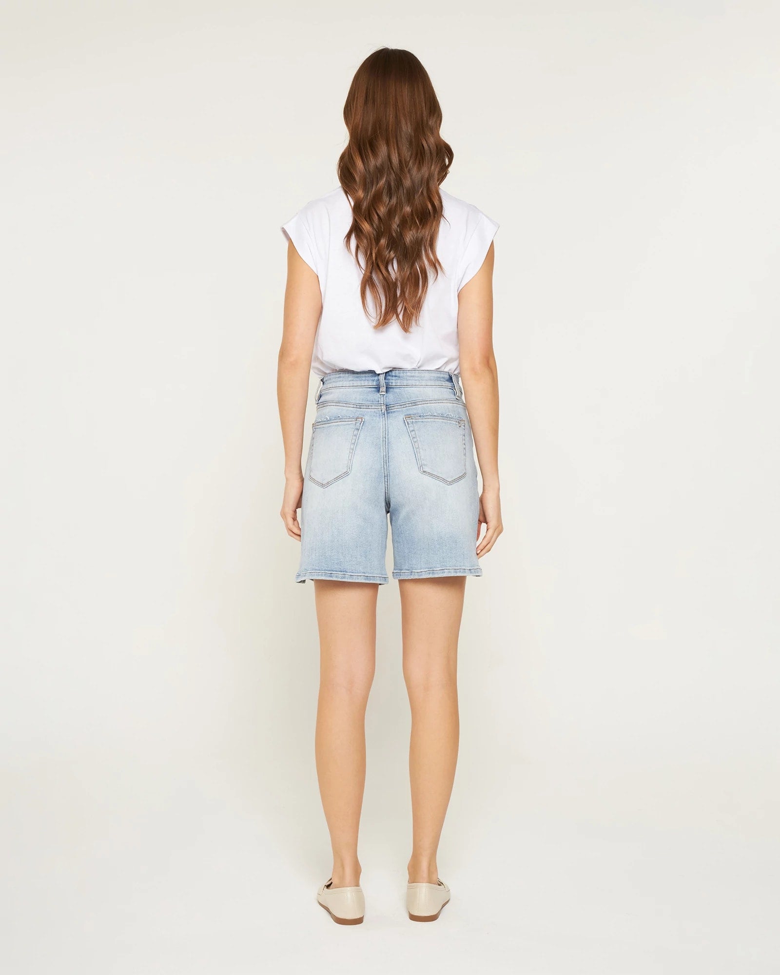 Light Greyish Blue $|& Mica Denim Super High Rise Mid Length Short - Hanger Side