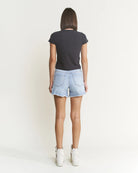 City Blue $|& Mica Denim High Rise Shorts with Frayed Hem - Hanger Side