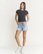 City Blue $|& Mica Denim High Rise Shorts with Frayed Hem - Hanger Front