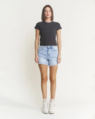 City Blue $|& Mica Denim High Rise Shorts with Frayed Hem - VOF Detail