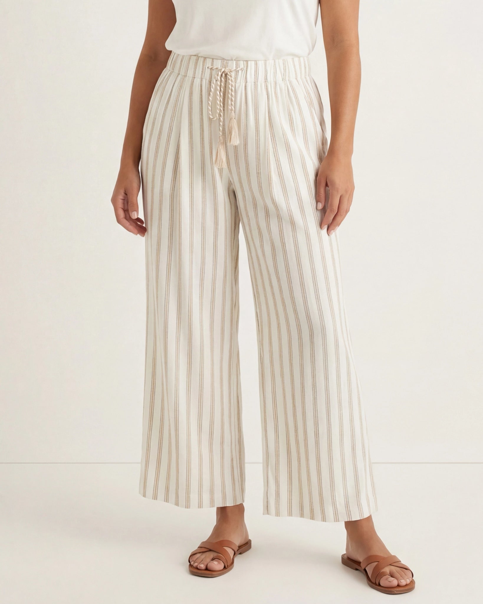 Cream/Tan Regency Stripe $|& Liverpool Linen-Blend Crop Pant - VOF Detail