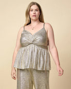Champagne $|& Skies Are Blue Shimmer Tie Front Knot Tank Top - VOF Detail