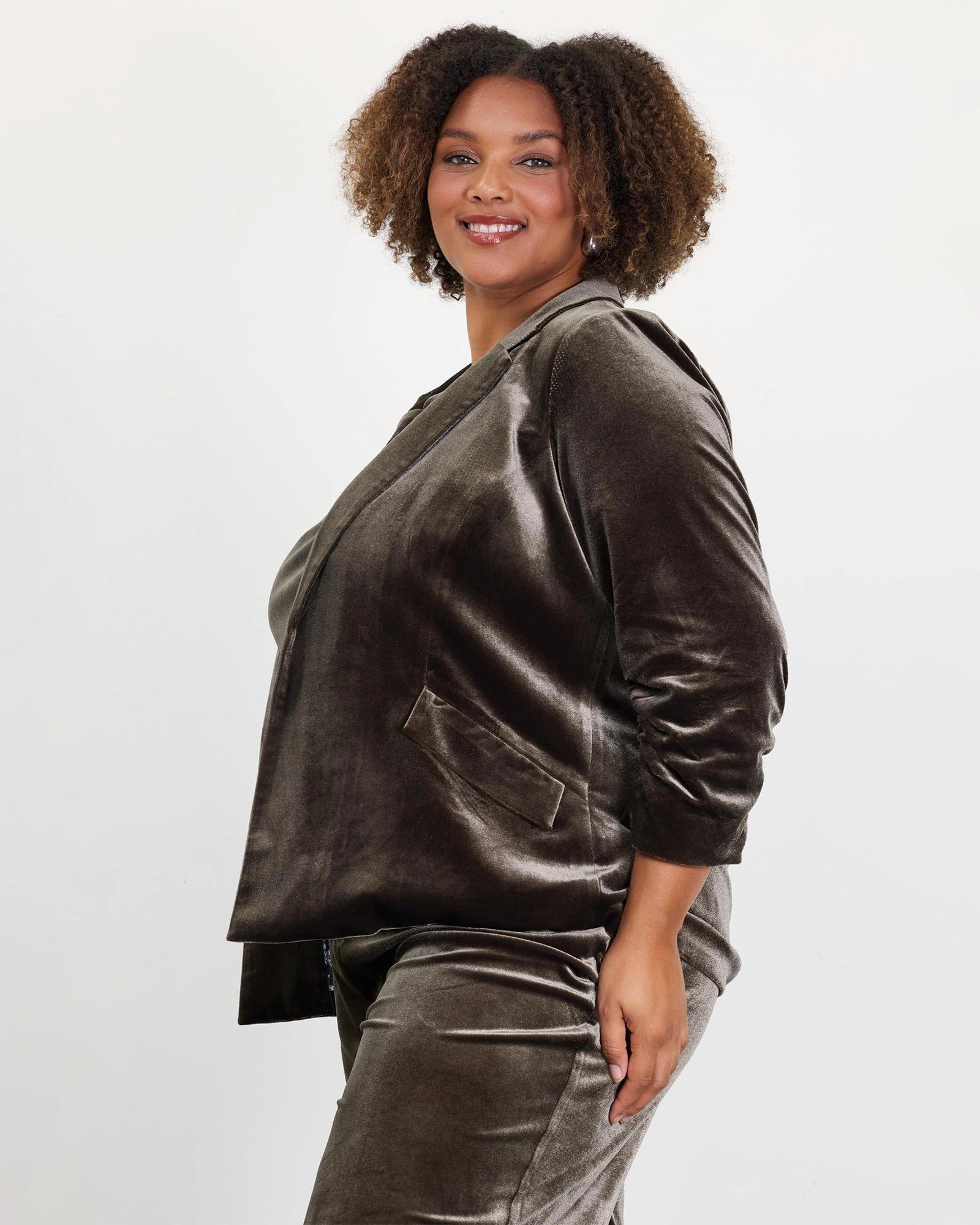 Olive $|& Skies Are Blue Ruched Sleeve Velvet Blazer - Hanger Front