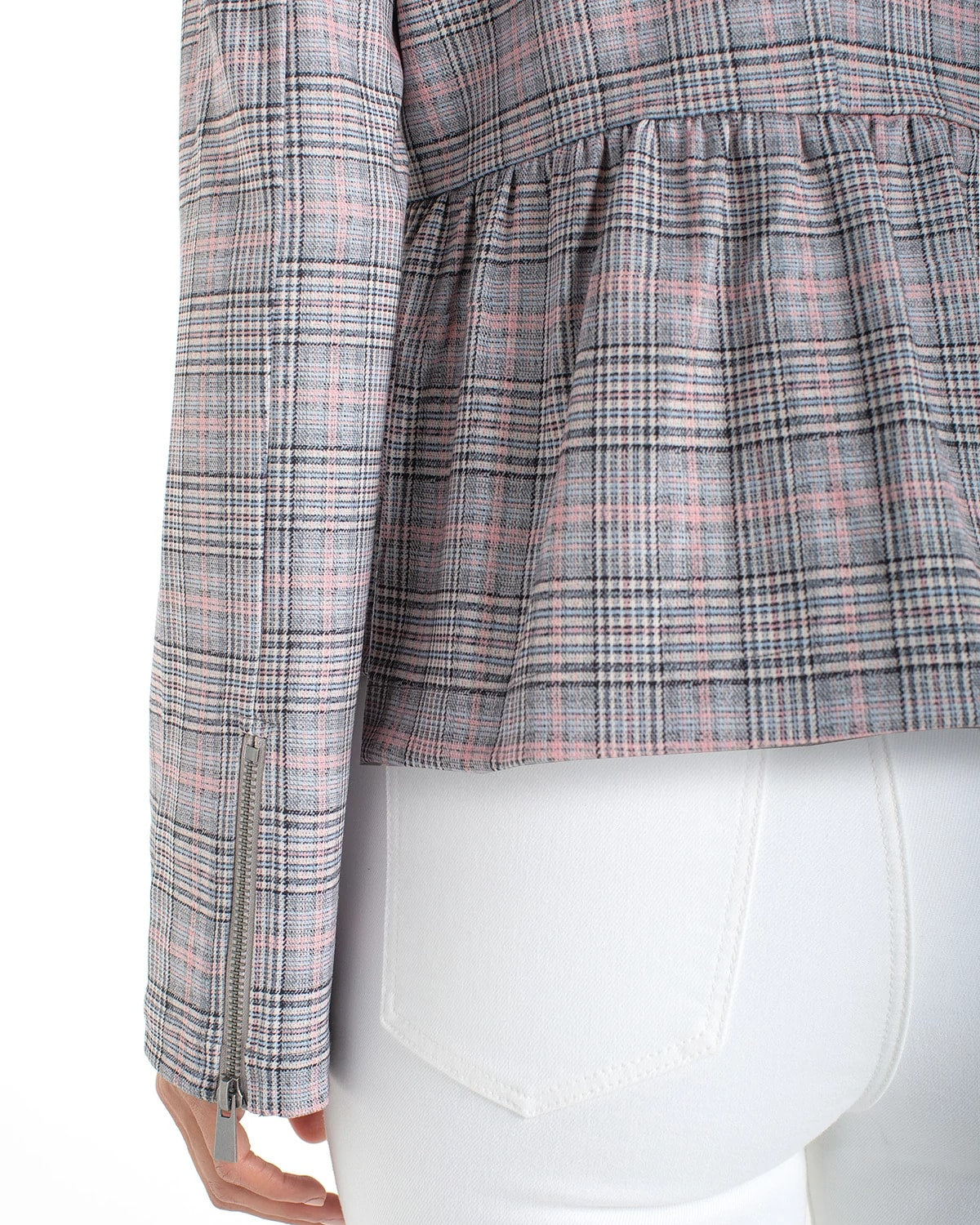 Grey/Blush Glen Plaid $|& Liverpool Zip Front Peplum Jacket - Hanger Back