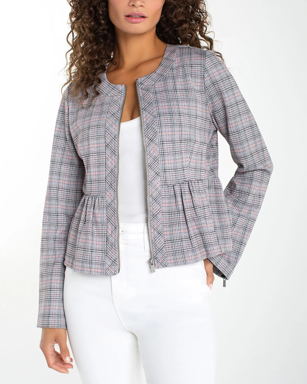Grey/Blush Glen Plaid $|& Liverpool Zip Front Peplum Jacket - VOF Detail