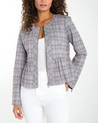 Grey/Blush Glen Plaid $|& Liverpool Zip Front Peplum Jacket - VOF Detail