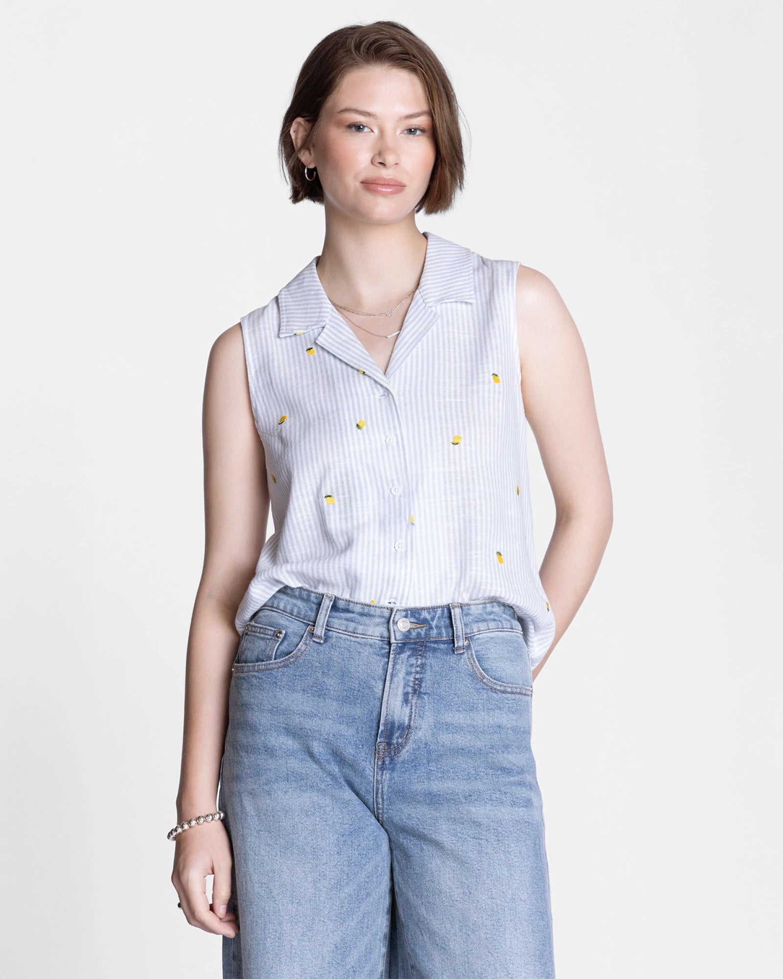 Blue Stripe Lemon $|& Thread & Supply Elowyn Embroidered Top - VOF Detail