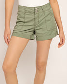 Palm Green $|& Kensie Mid Rise Double Roll Twill Short - SOF Front
