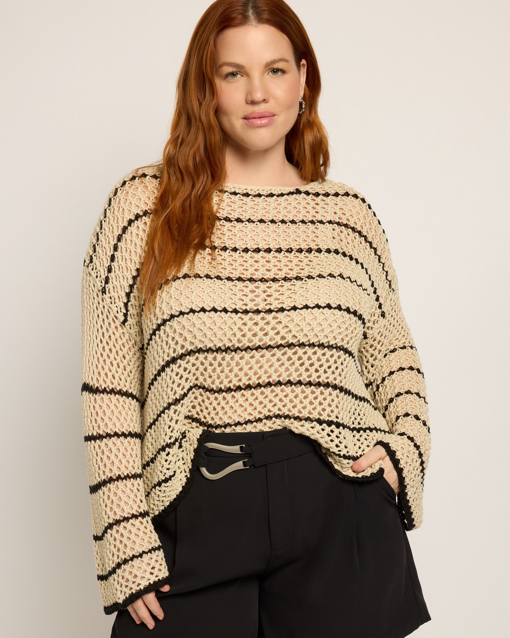 Cream/Black $|& Cloud Ten Open Weave Sweater with Contrast Stripe Detail - SOF Front