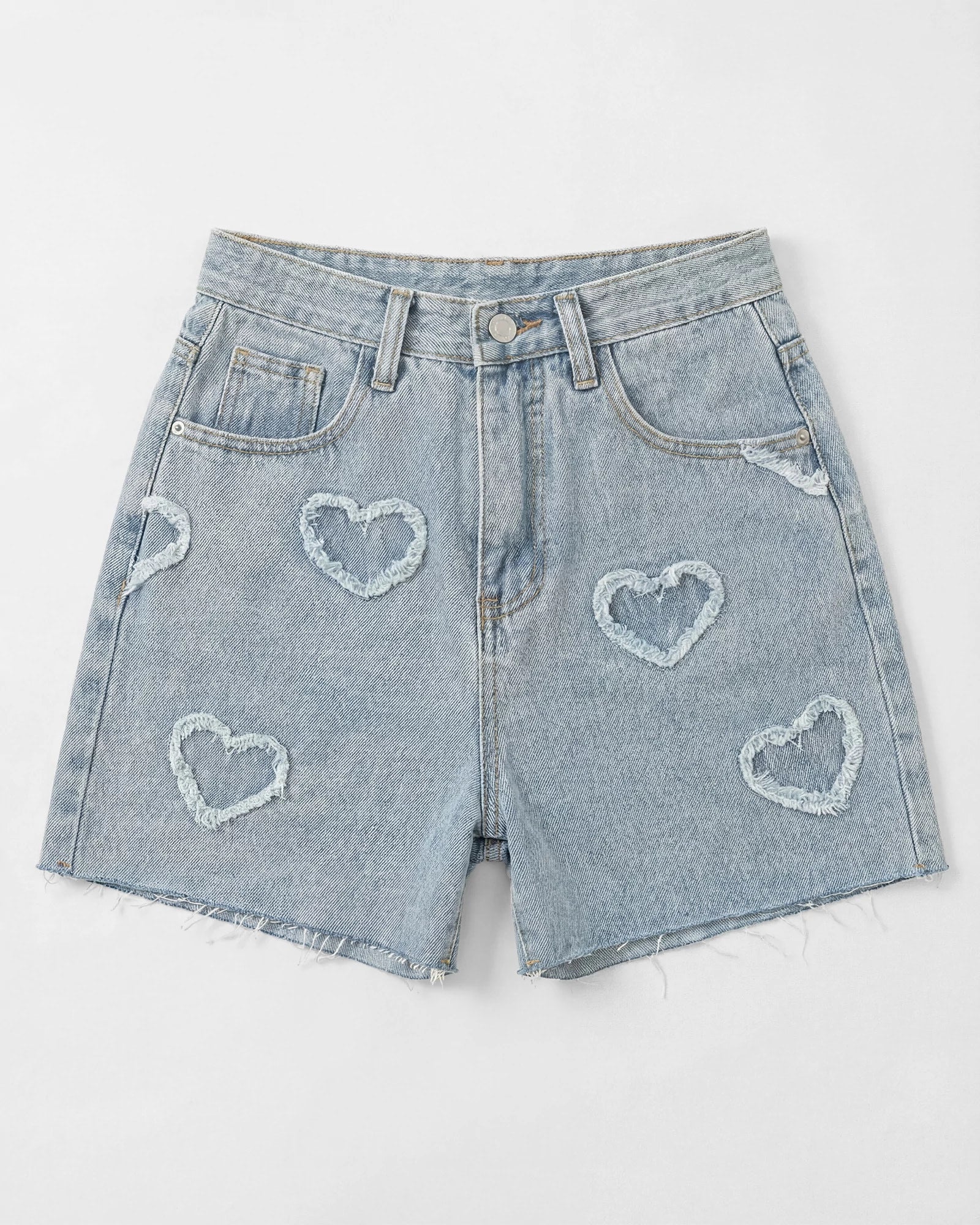 Light Wash $|& Cloud Ten Heart Embroidered Frayed Denim Shorts - Hanger Detail