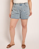 Light Wash $|& Cloud Ten Heart Embroidered Frayed Denim Shorts - SOF Front