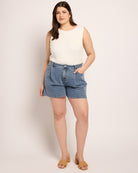 Medium Wash $|& Cloud Ten Polka Dot Pleated Denim Shorts - UGC On Fig