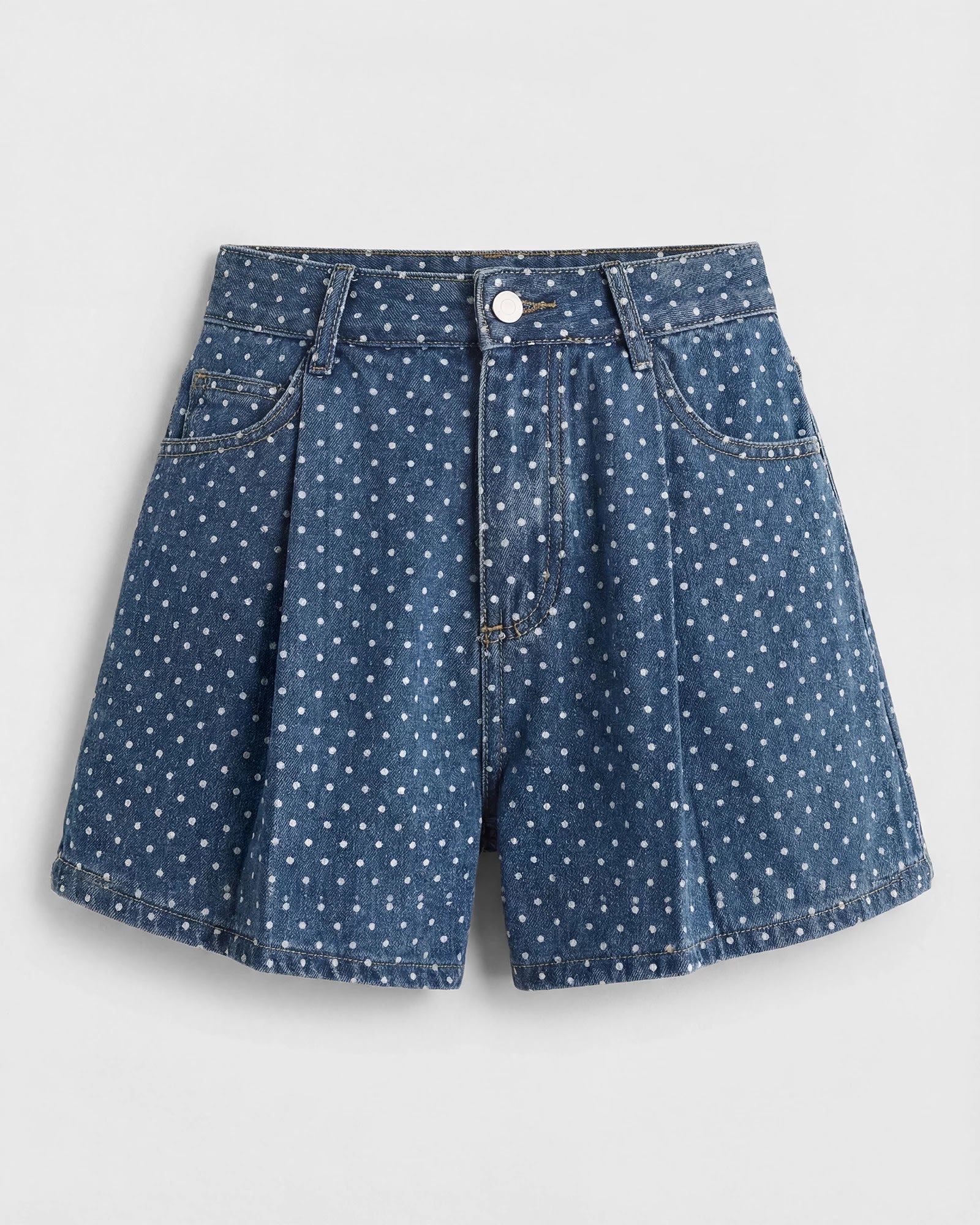 Medium Wash $|& Cloud Ten Polka Dot Pleated Denim Shorts - Hanger Detail