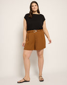 Brown $|& Cloud Ten Belt Accent Pleated Shorts - UGC On Fig