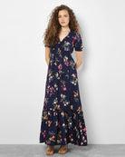 Navy $|& Apricot Garden Short Sleeve Floral Maxi Dress - VOF Detail