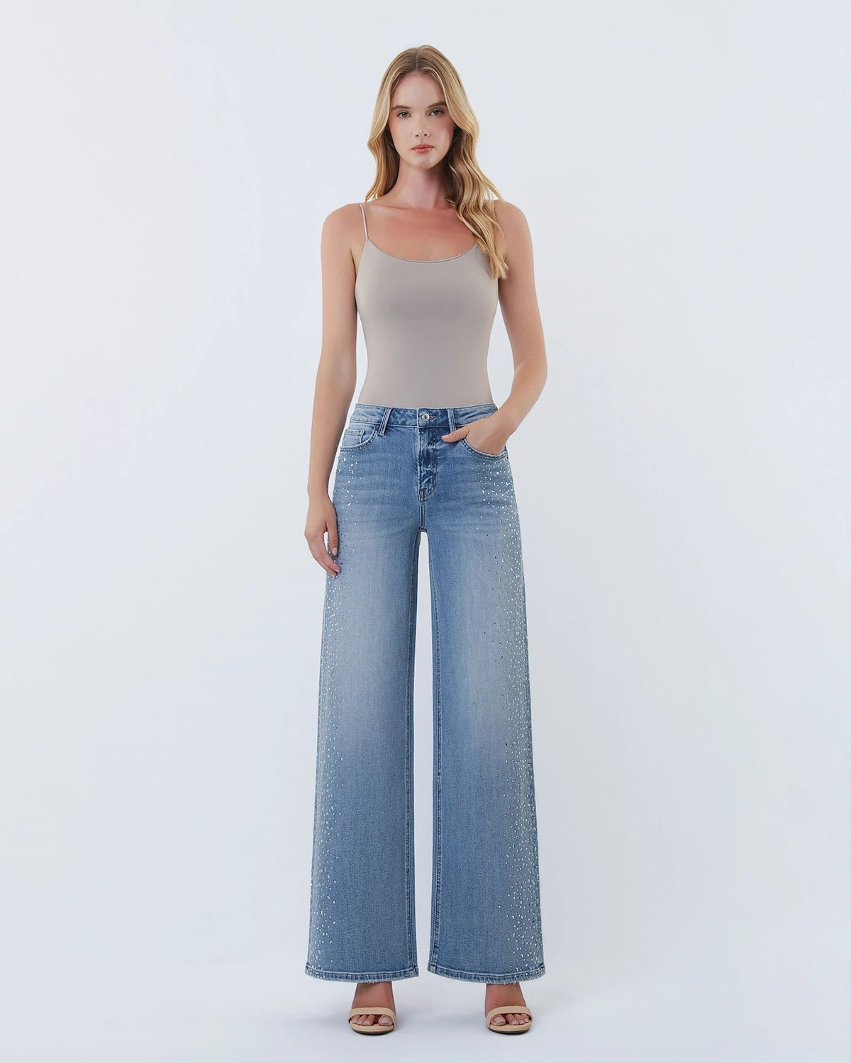 Intrigue $|& Vervet Bejeweled Mid Rise Wide Leg - VOF Detail