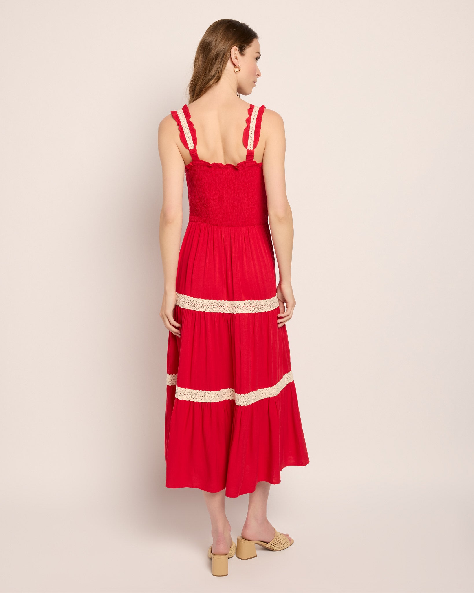 Red $|& Apricot Smocked Crochet Lace Tiered Dress - SOF Back