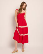 Red $|& Apricot Smocked Crochet Lace Tiered Dress - SOF Front