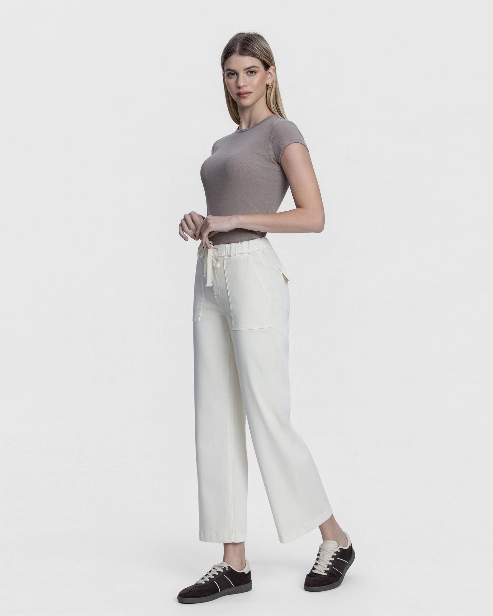 Ecru $|& Lovervet High Rise Wide Leg With Drawstring - Hanger Front