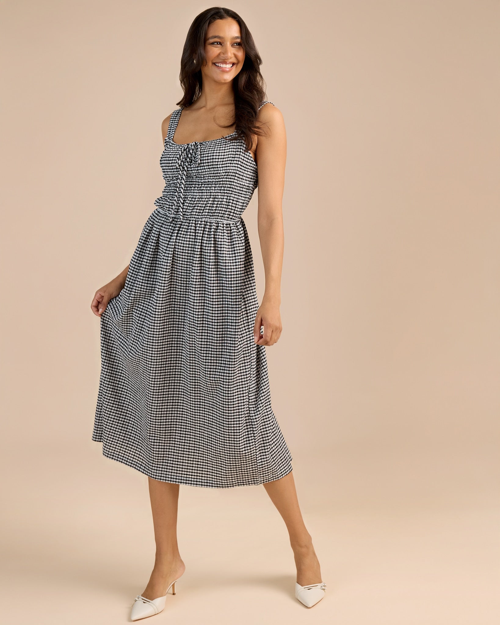 White/Black $|& Bobeau Sleeveless Shirred Gingham Midi Dress - SOF Side