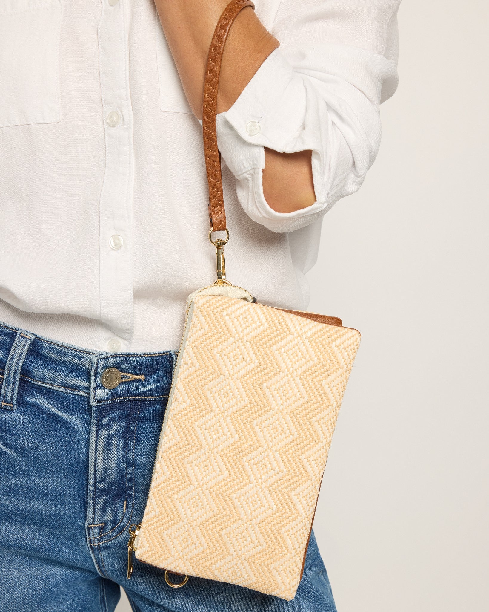 Beige $|& Jen & Co. Riley Woven Diamond Pattern Crossbody/Wristlet - SOF Full Front